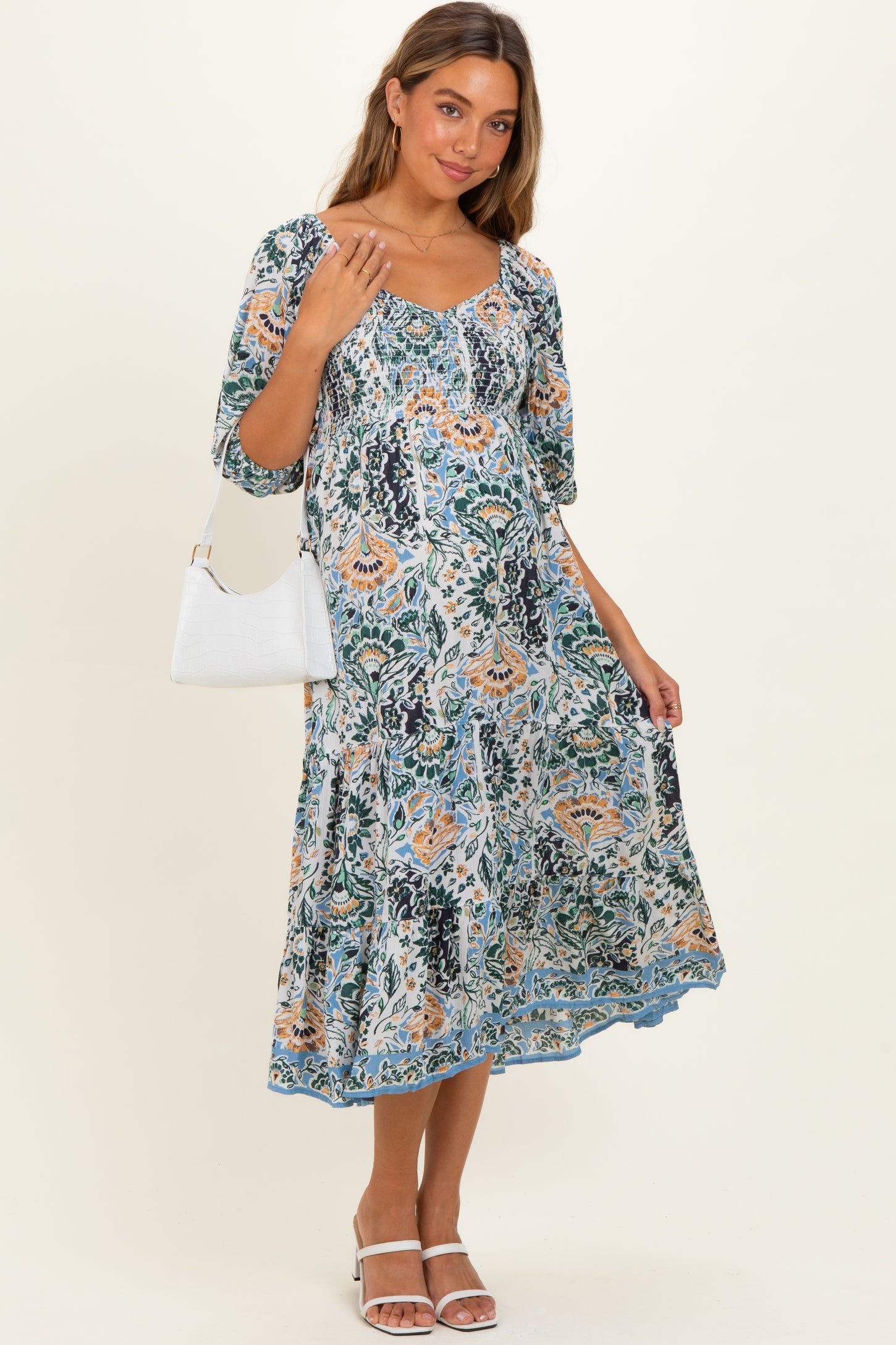 Blue Printed Smocked 3/4 Sleeve Maternity Midi Dress