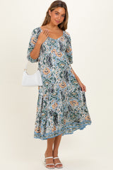 Blue Printed Smocked 3/4 Sleeve Maternity Midi Dress