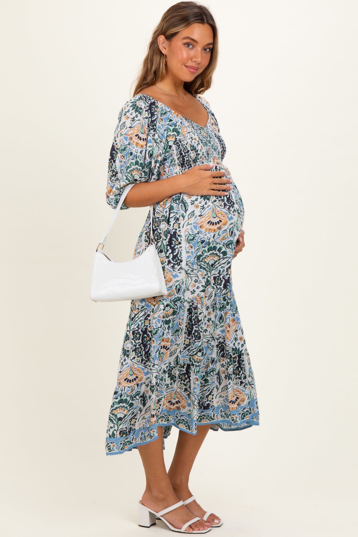 Blue Printed Smocked 3/4 Sleeve Maternity Midi Dress