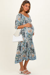 Blue Printed Smocked 3/4 Sleeve Maternity Midi Dress
