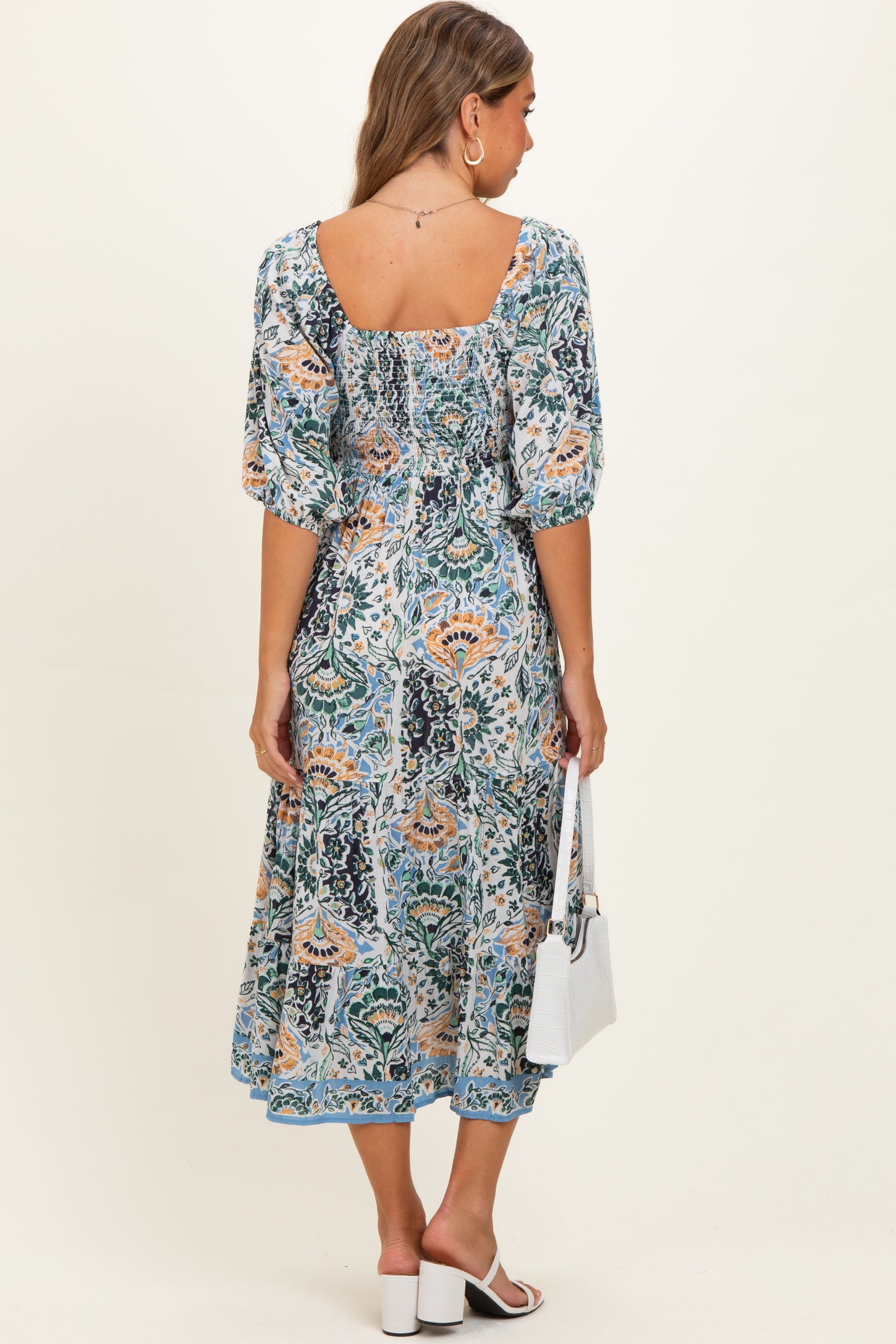 Blue Printed Smocked 3/4 Sleeve Maternity Midi Dress