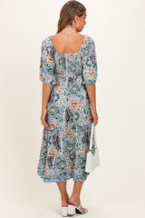 Blue Printed Smocked 3/4 Sleeve Maternity Midi Dress