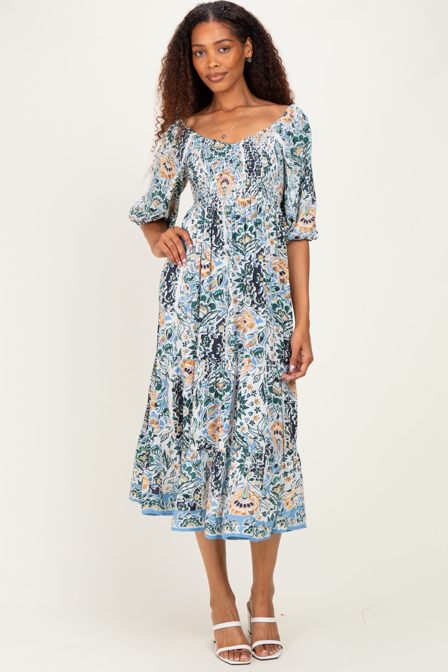 Blue Printed Smocked 3/4 Sleeve Midi Dress