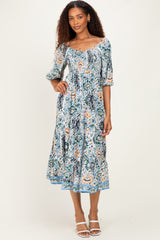 Blue Printed Smocked 3/4 Sleeve Midi Dress