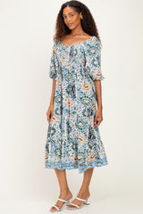 Blue Printed Smocked 3/4 Sleeve Maternity Midi Dress