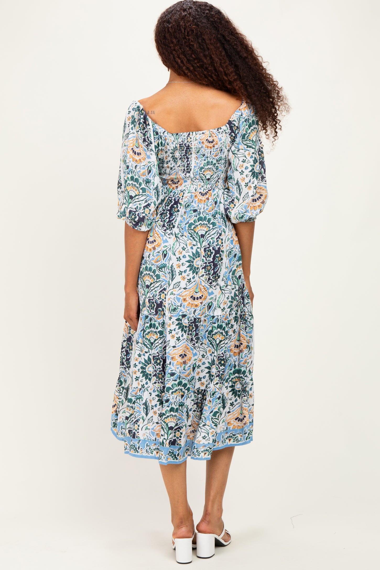 Blue Printed Smocked 3/4 Sleeve Midi Dress