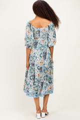 Blue Printed Smocked 3/4 Sleeve Midi Dress