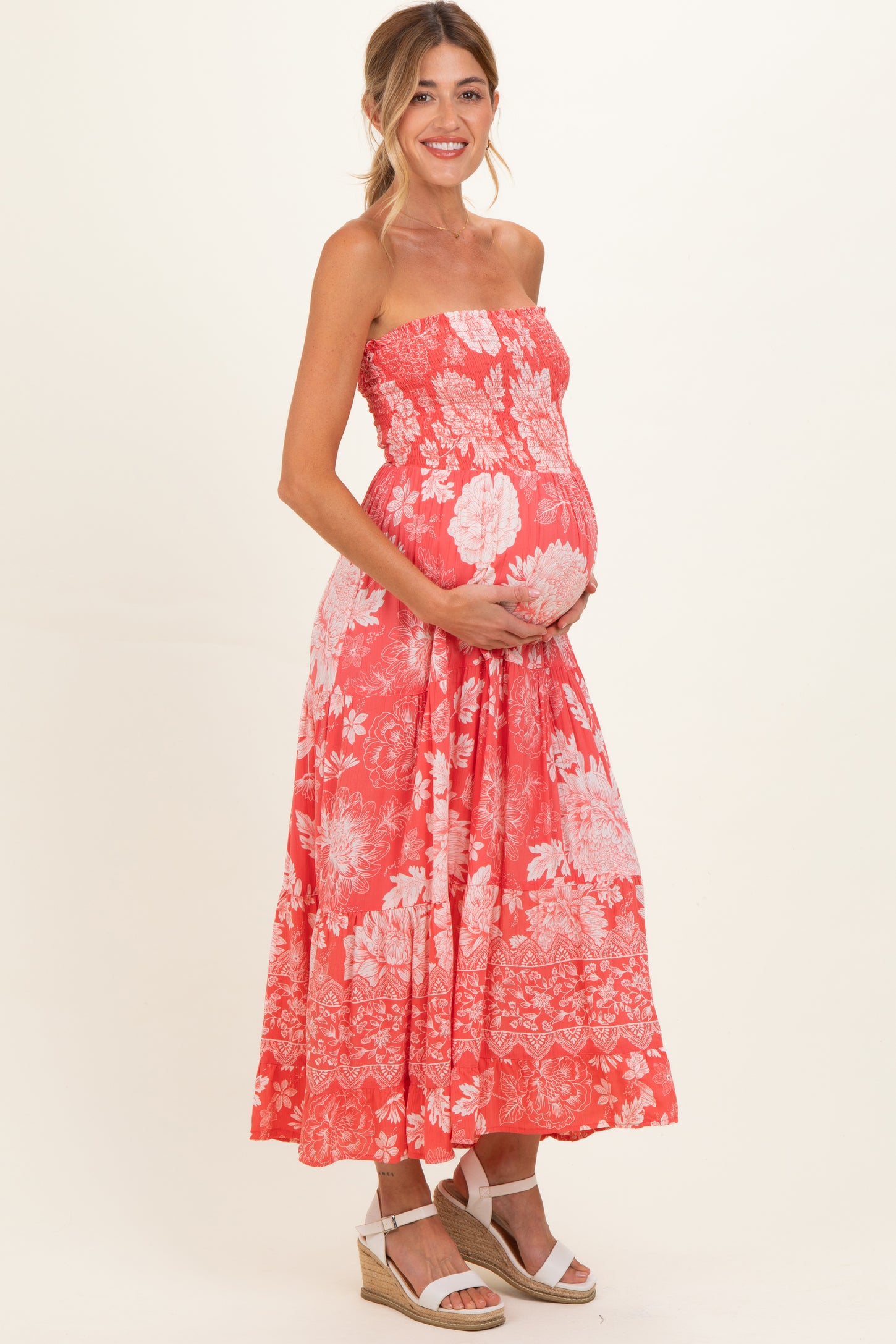 Coral Pink Floral Smocked Strapless Maternity Midi Dress