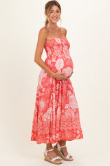 Coral Pink Floral Smocked Strapless Maternity Midi Dress