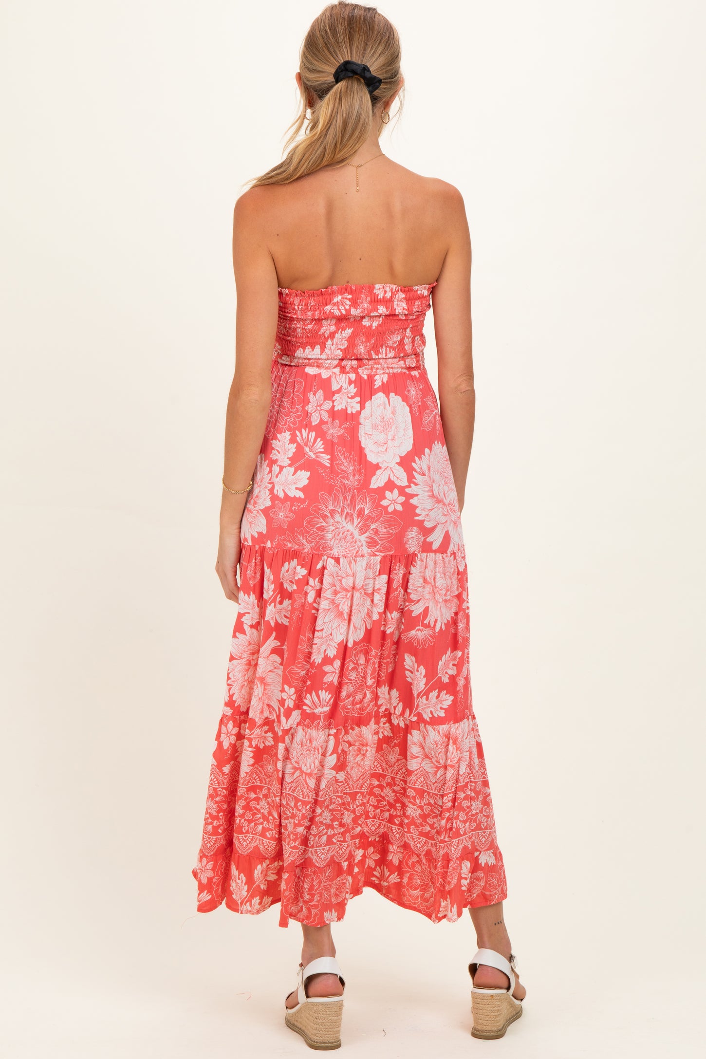 Coral Pink Floral Smocked Strapless Maternity Midi Dress