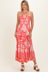 Coral Pink Floral Smocked Strapless Maternity Midi Dress