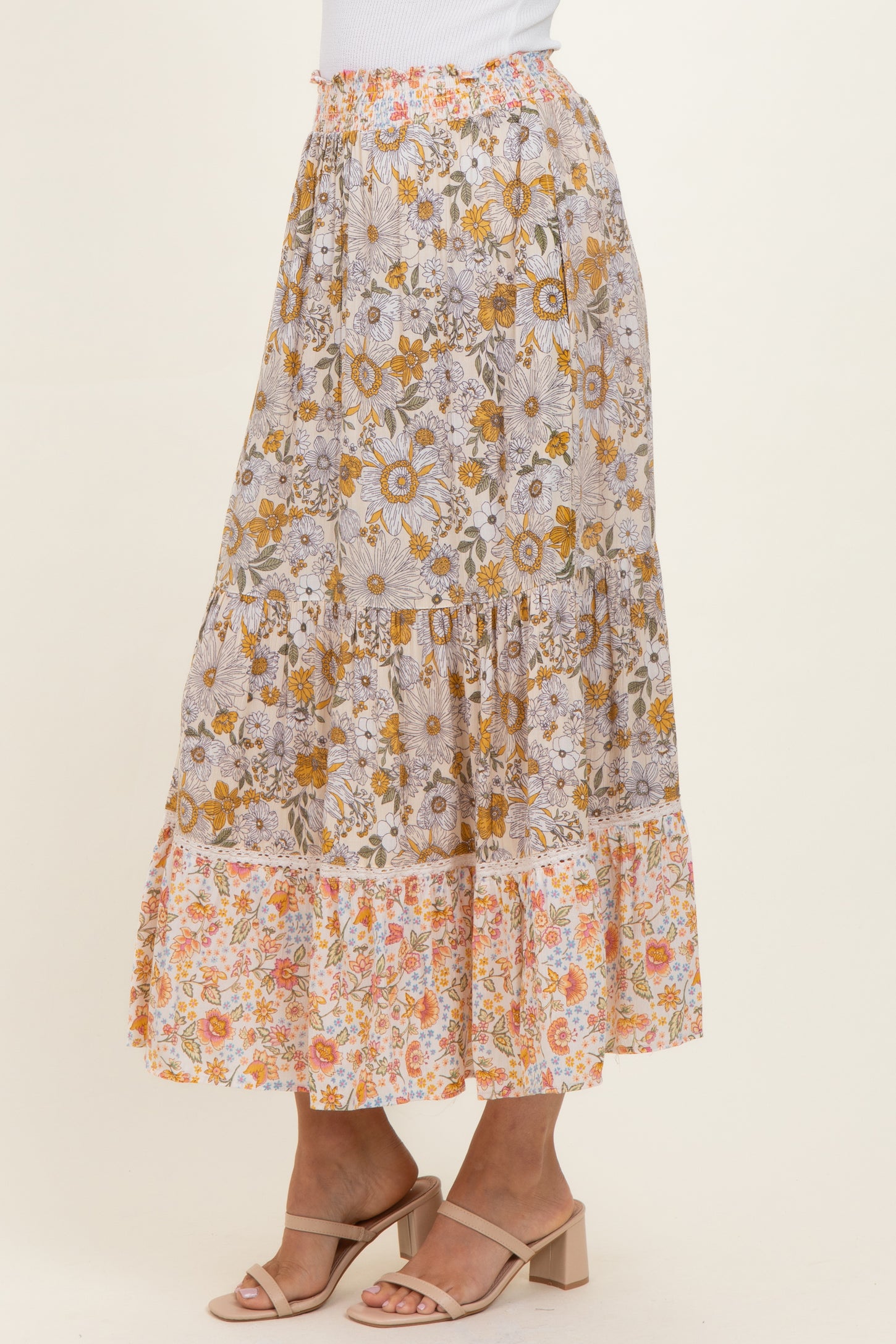 Lemon Mixed Floral Smocked Waist Maxi Skirt