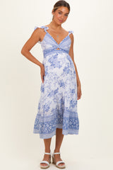 Blue V-Neck Cut Out Lace Up Back Maternity Dress