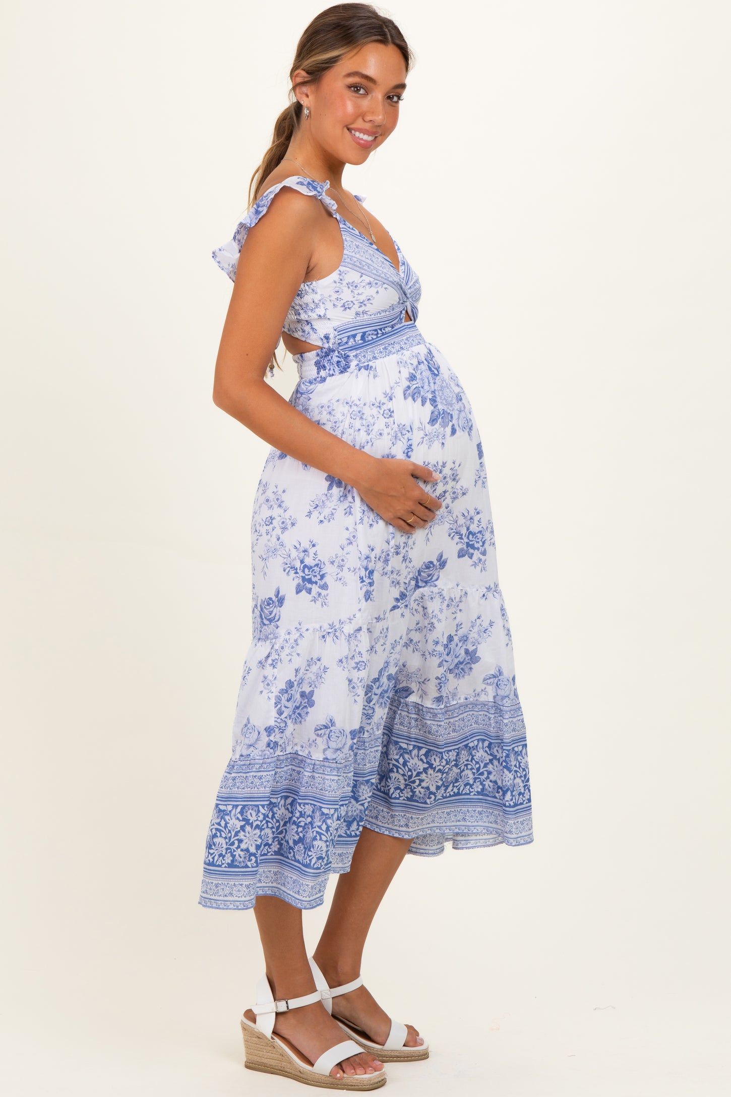 Blue V-Neck Cut Out Lace Up Back Maternity Dress