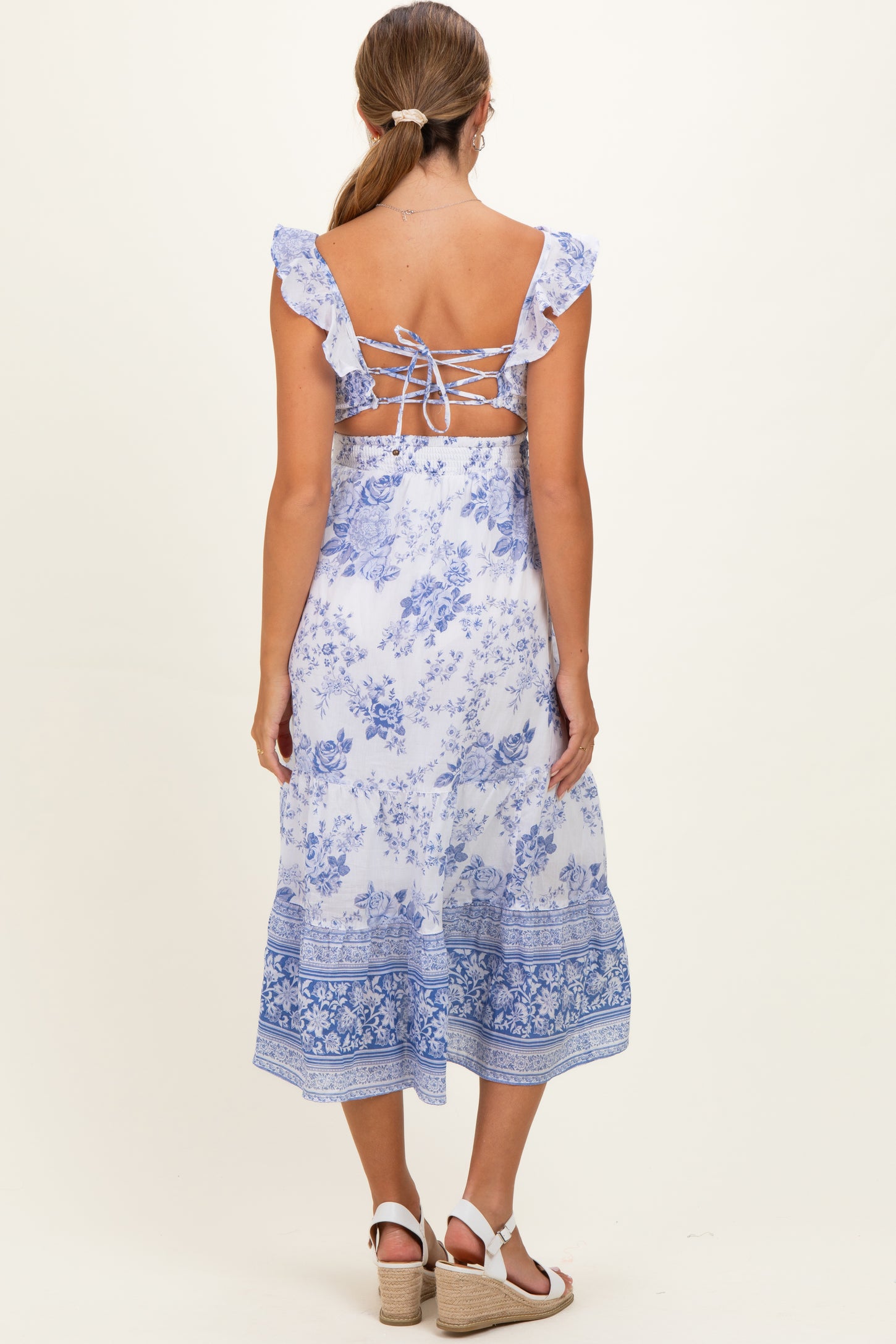 Blue V-Neck Cut Out Lace Up Back Maternity Dress