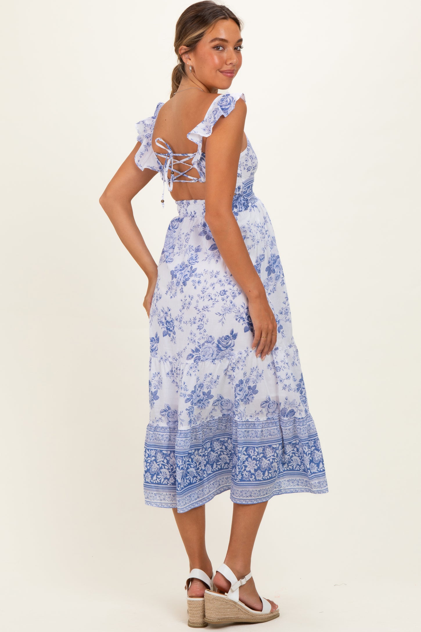 Blue V-Neck Cut Out Lace Up Back Maternity Dress