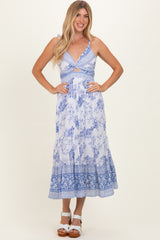 Blue V-Neck Cut Out Lace Up Back Dress
