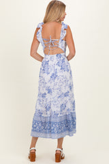 Blue V-Neck Cut Out Lace Up Back Dress