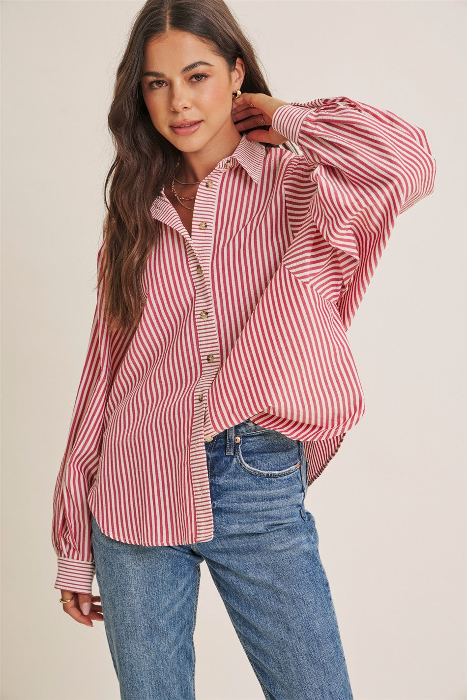 Brick Red  Drape Batwing Button-Down Shirt