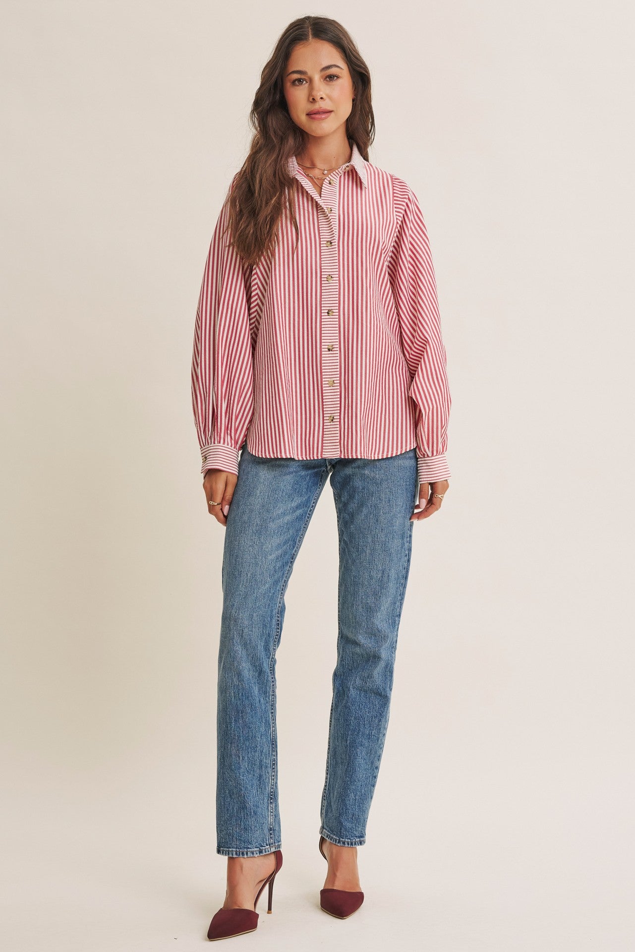 Brick Red  Drape Batwing Button-Down Shirt