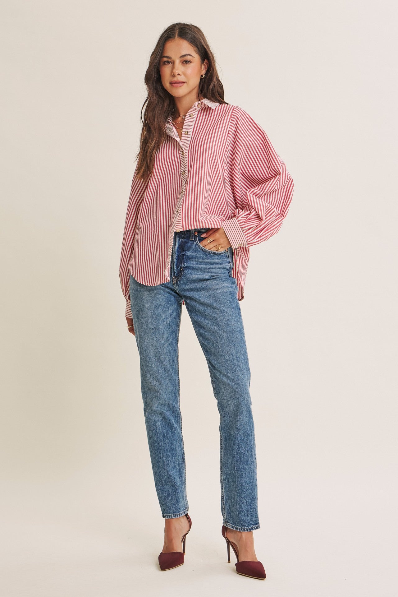 Brick Red  Drape Batwing Button-Down Shirt