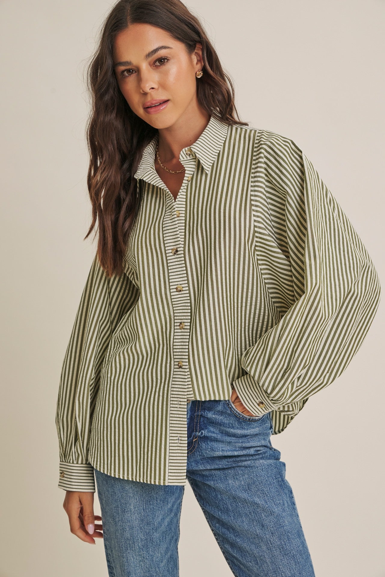 Olive Drape Batwing Button-Down Shirt
