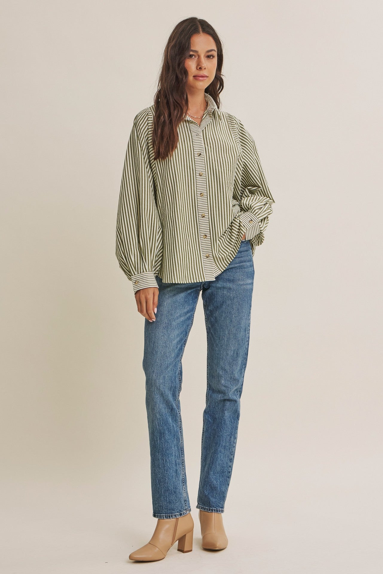 Olive Drape Batwing Button-Down Shirt