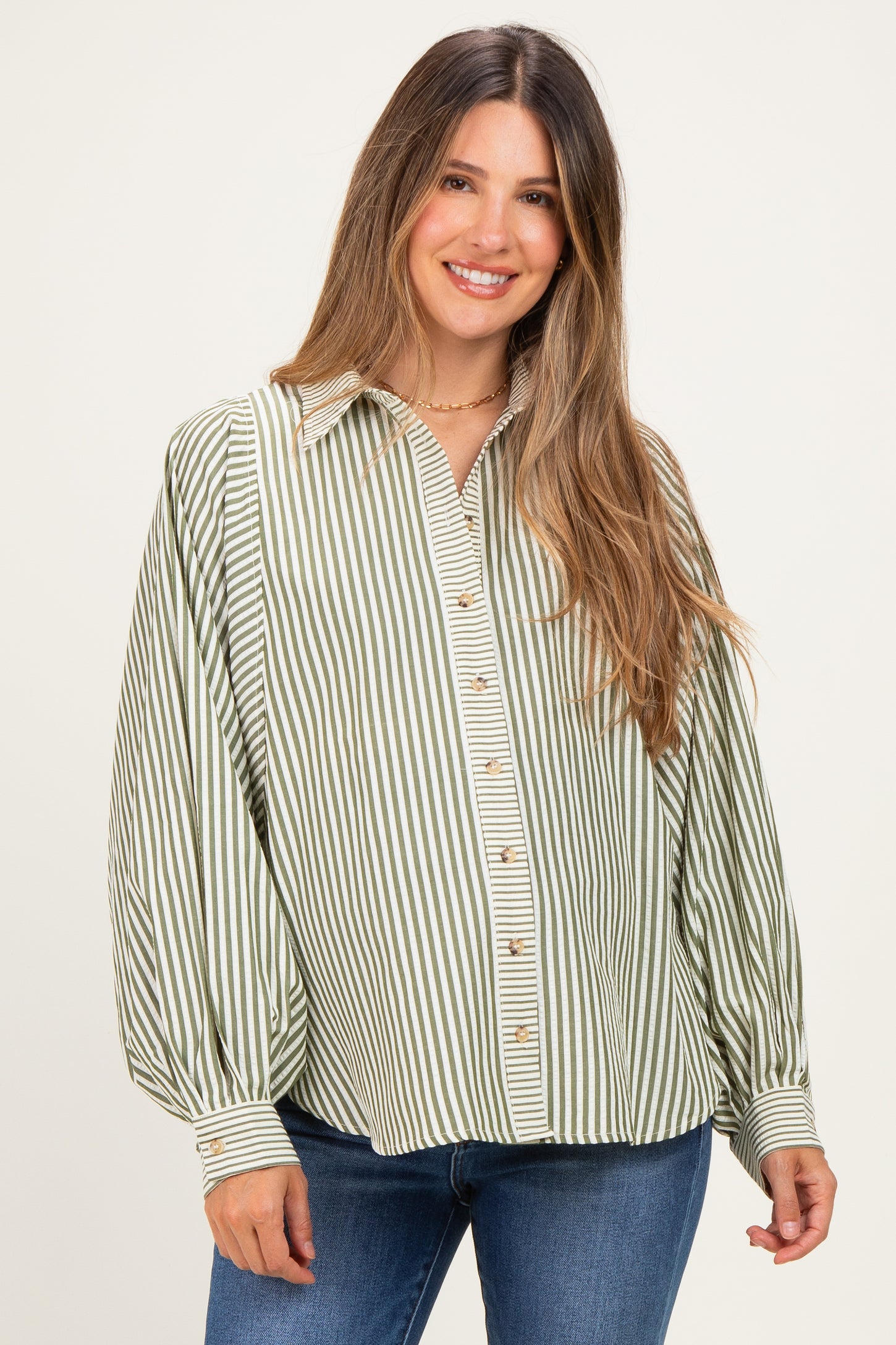 Olive  Drape Batwing Button-Down Maternity Shirt