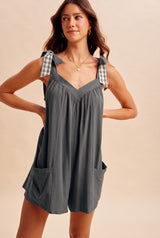 Charcoal Gingham Shoulder Strap Maternity Romper