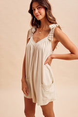 Oatmeal Gingham Shoulder Strap Romper