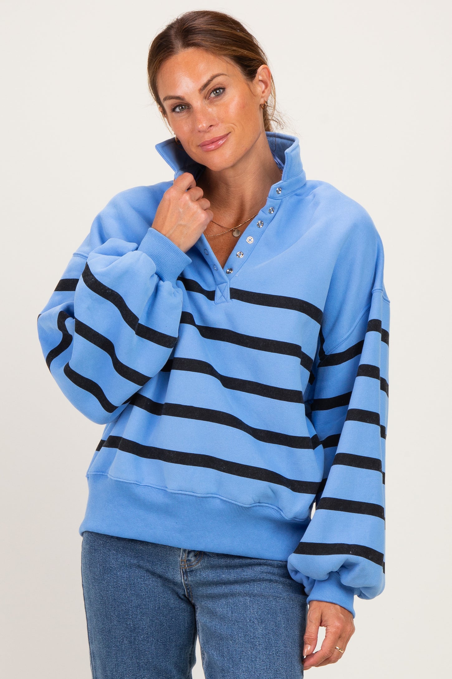 Blue Striped Snap Button Maternity Pullover