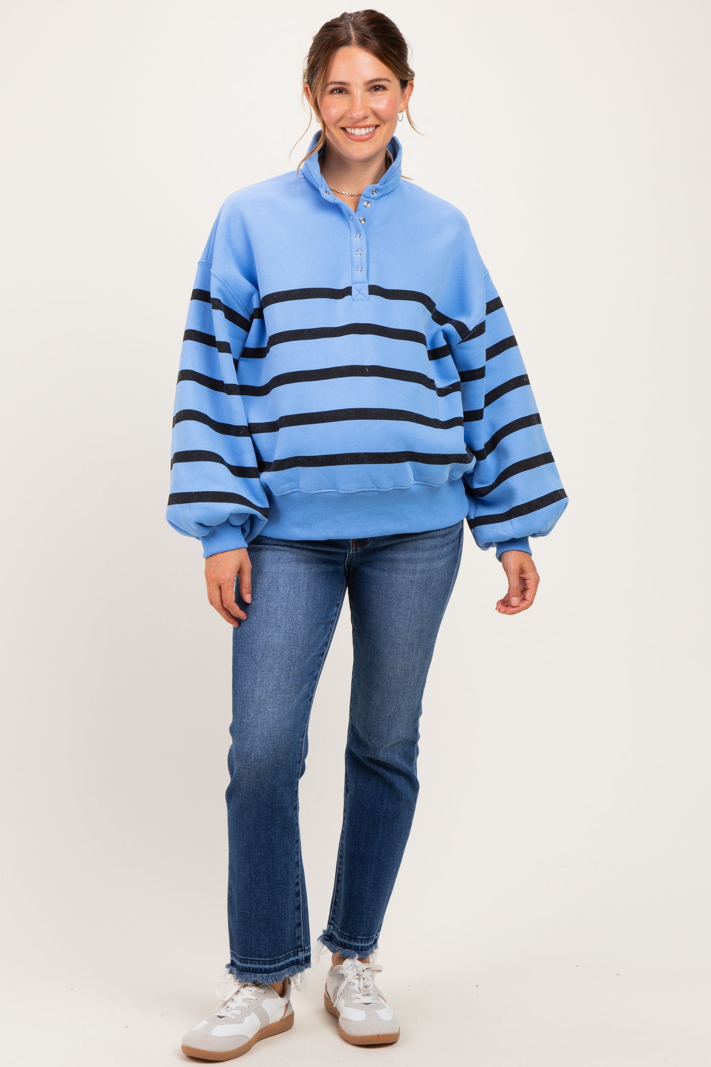 Blue Striped Snap Button Maternity Pullover