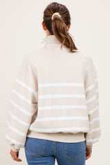 Beige Striped Snap Button Maternity Pullover