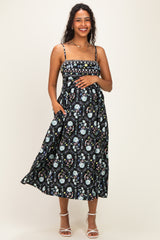 Black Floral Sleeveless Maternity Midi Dress