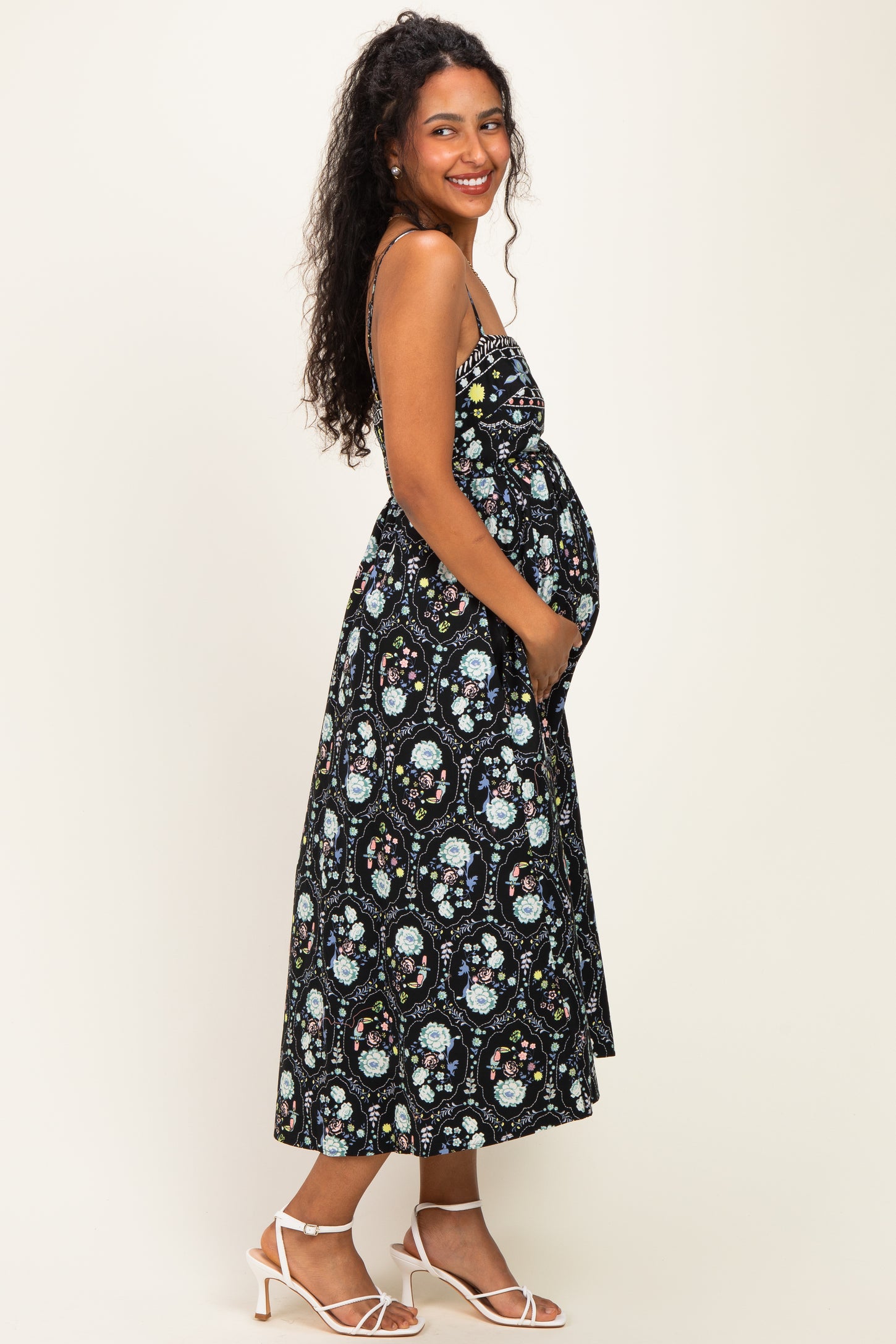Black Floral Sleeveless Maternity Midi Dress