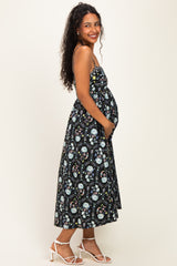 Black Floral Sleeveless Maternity Midi Dress