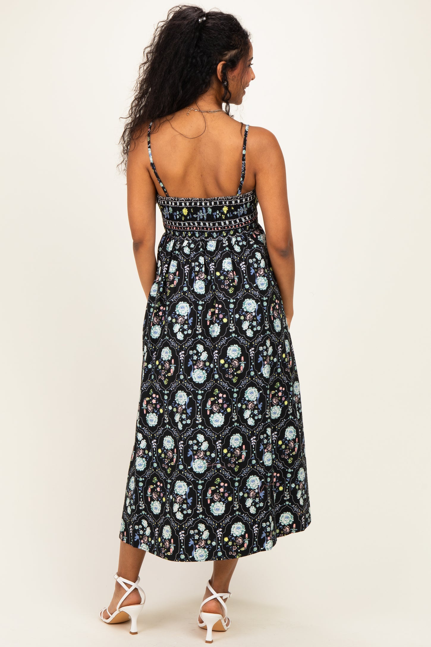 Black Floral Sleeveless Maternity Midi Dress