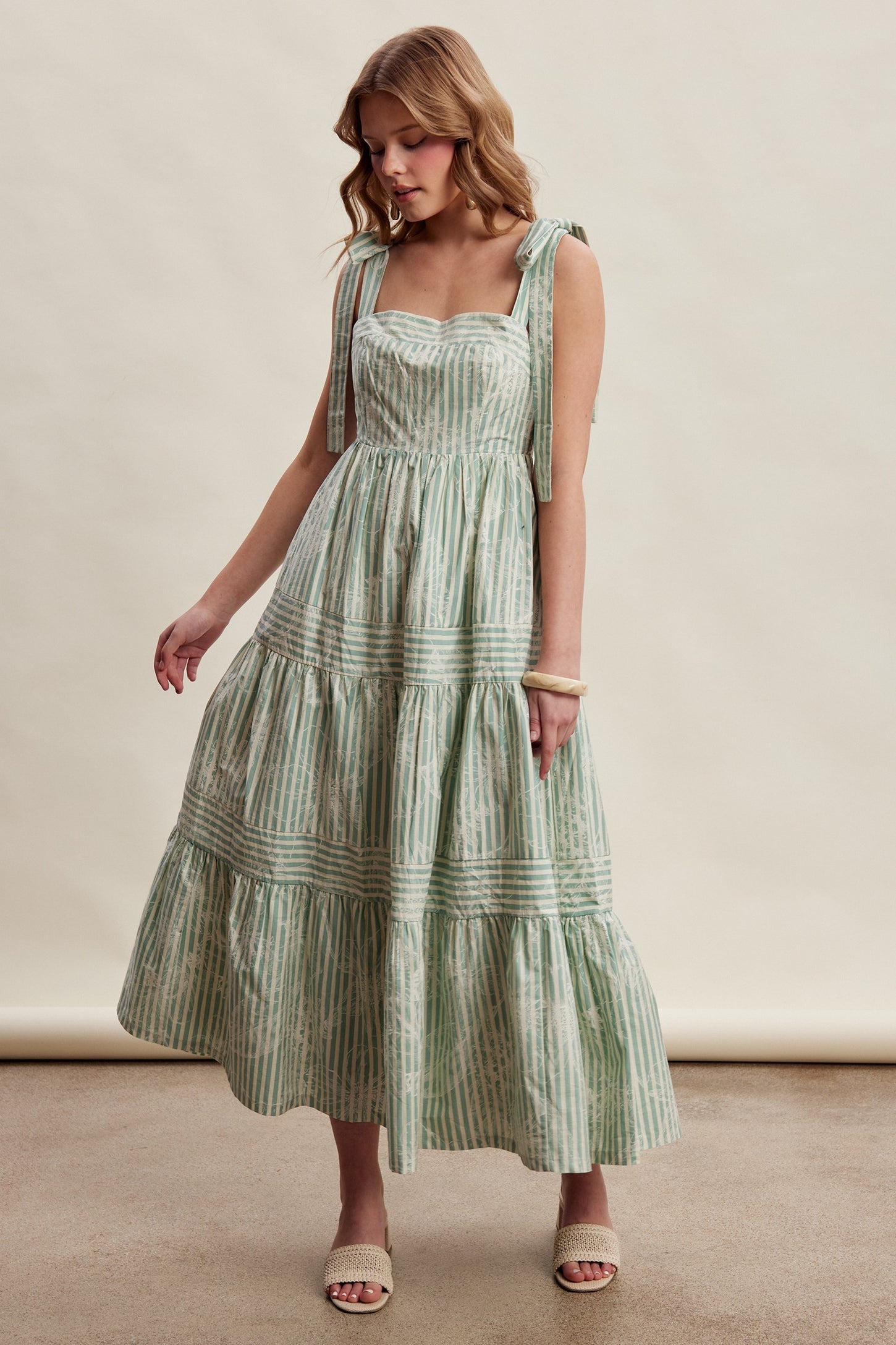 Sage Striped Shoulder Tie Tiered Maxi Dress