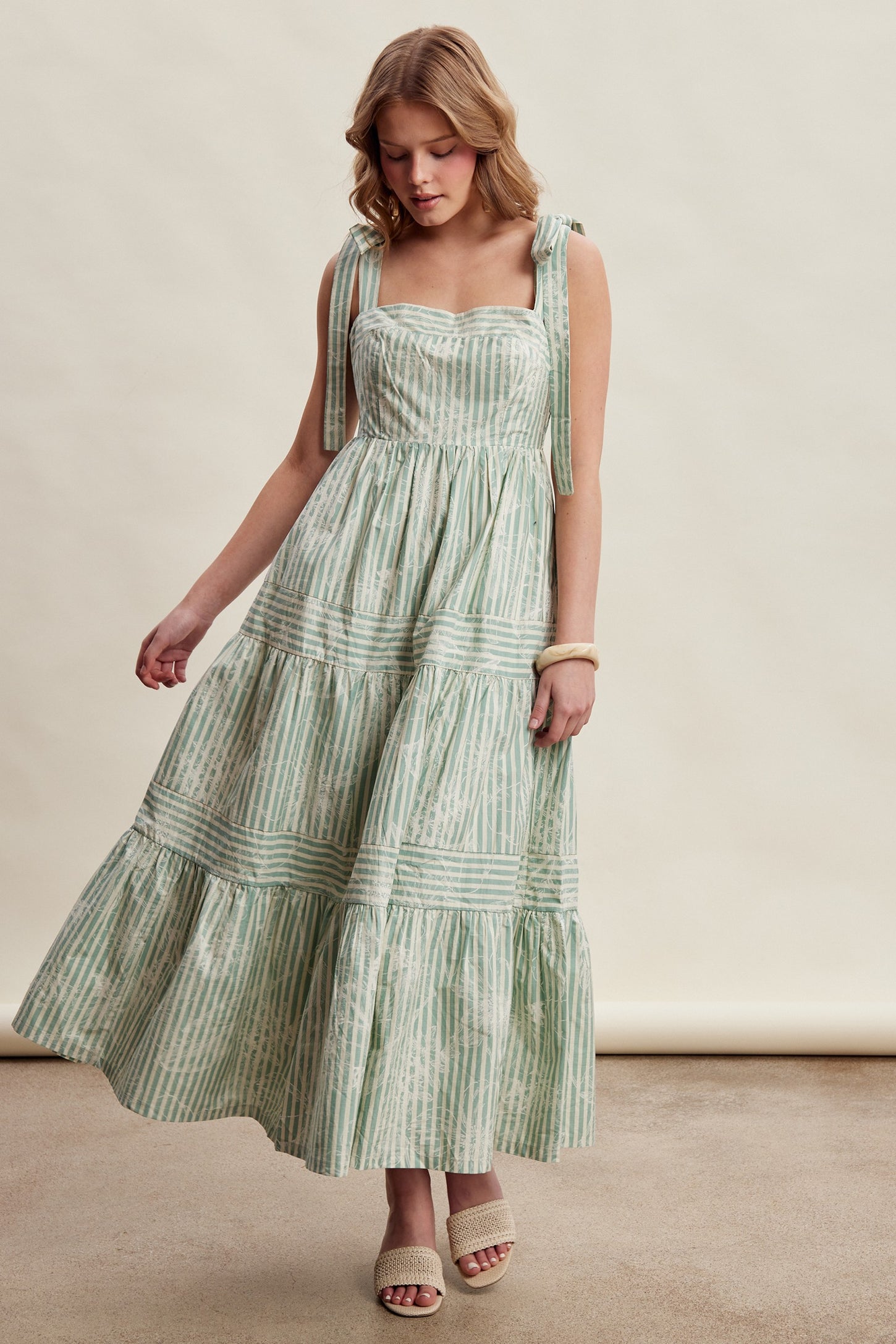 Sage Striped Shoulder Tie Tiered Maxi Dress