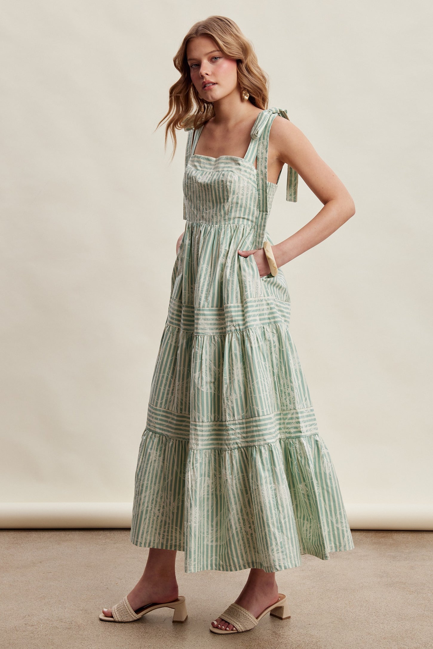 Sage Striped Shoulder Tie Tiered Maxi Dress