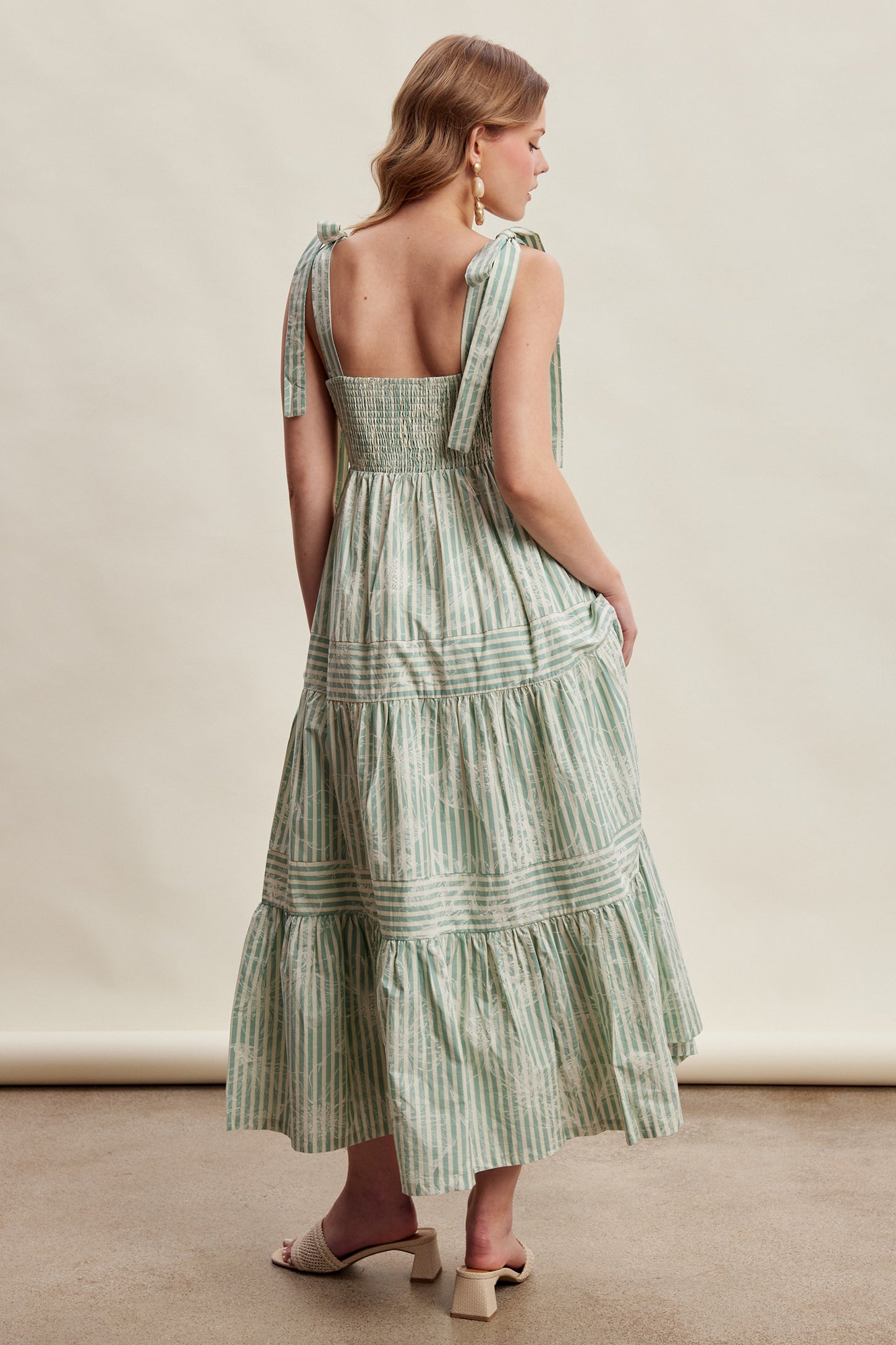 Sage Striped Shoulder Tie Tiered Maxi Dress
