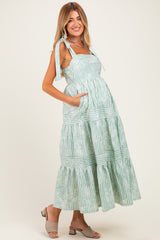 Sage Striped Shoulder Tie Tiered Maternity Maxi Dress