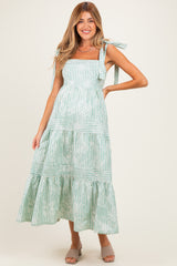 Sage Striped Shoulder Tie Tiered Maternity Maxi Dress