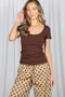 Brown Lace Trim Ribbed Top