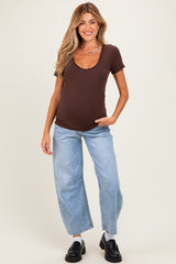 Brown Lace Trim Ribbed Maternity Top
