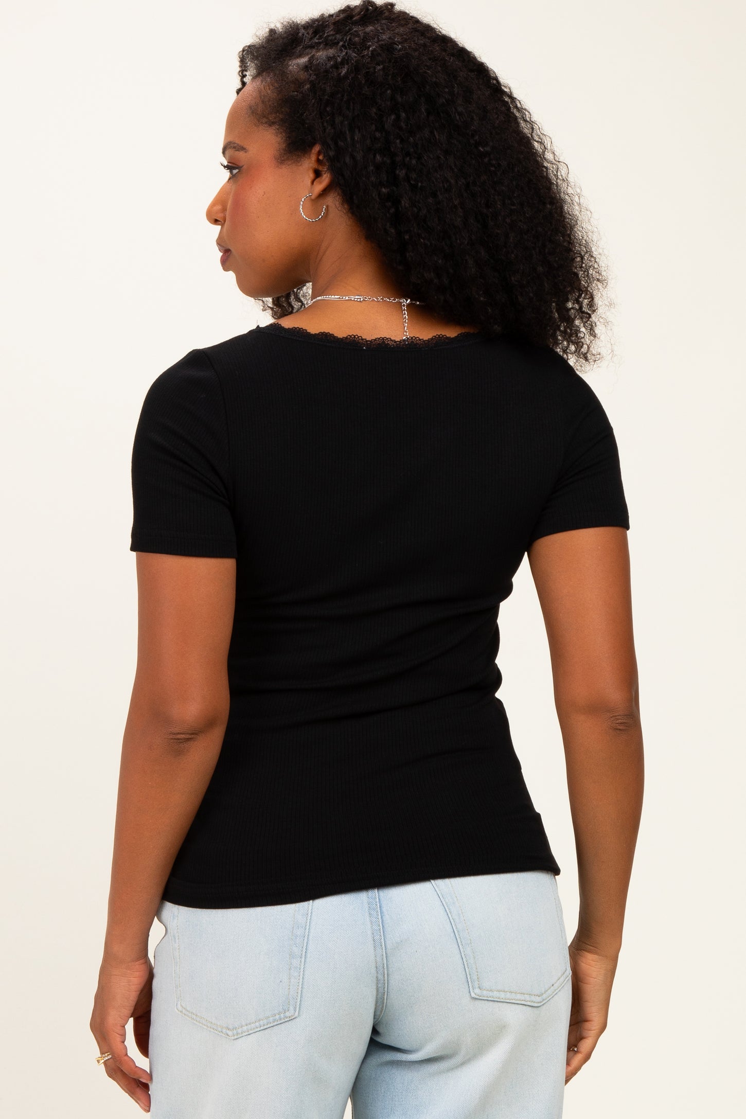 Black Lace Trim Ribbed Top
