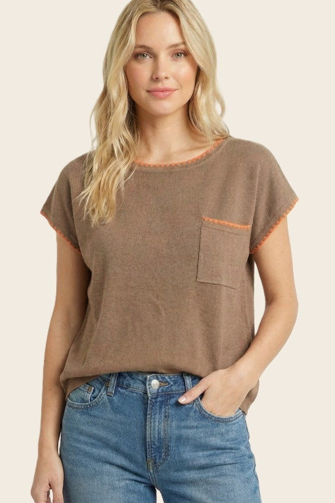 Copper Contrast Stitch Knit Top
