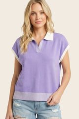 Lavender Stripe Trim Collared Top