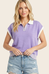 Lavender Stripe Trim Collared Top
