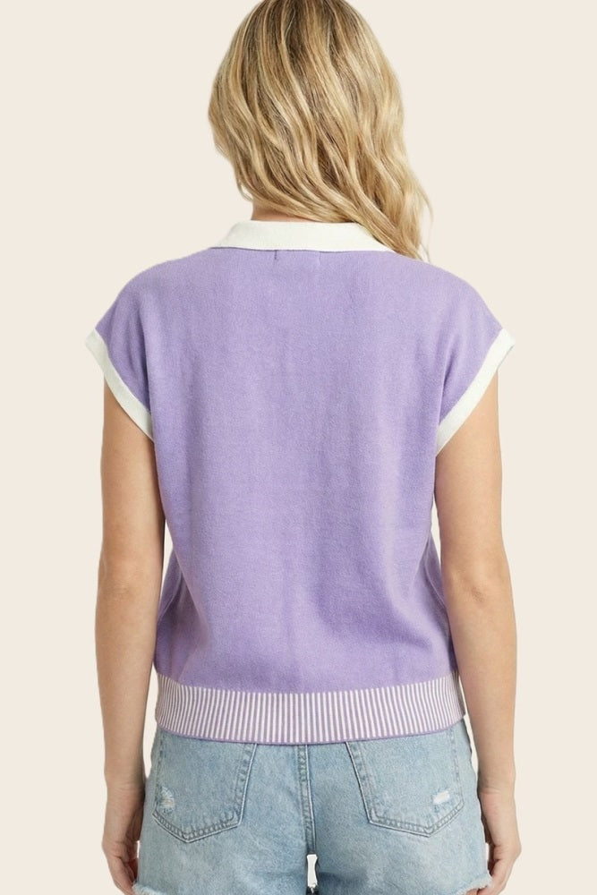 Lavender Stripe Trim Collared Top